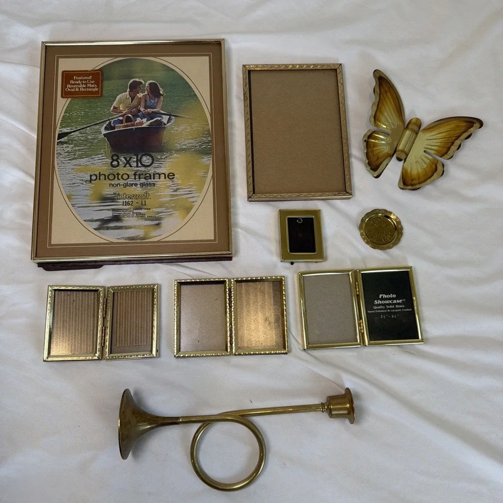 Vintage Brass Photo Frames Candle Holder Butterfly 9 Total